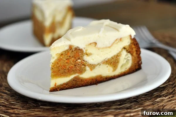 A large, beautifully decorated Carrot Cake Cheesecake, prominently displaying its smooth white frosting and a single perfect slice removed, revealing the delicious swirled layers of cake and cream. The dessert is presented on a pristine white plate, inviting indulgence. 