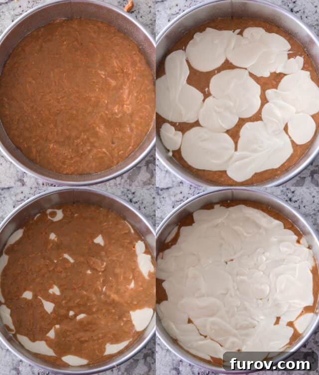 A sequence of images showing the assembly of Carrot Cake Cheesecake: springform pan with carrot cake batter, then dollops of cream cheese batter, followed by more carrot cake, and finally a top layer of cream cheese, illustrating the 'no swirl' layering technique.