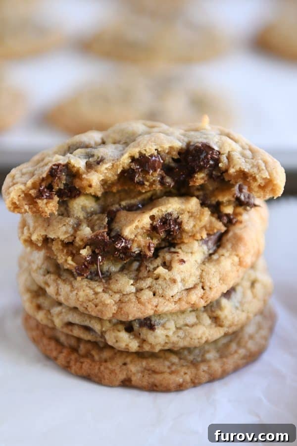 The Ultimate Soft and Chewy Oatmeal Chocolate Chip Coconut Cookies 3 Stack of soft and chewy oatmeal chocolate chip coconut cookies with the top one broken in half.
