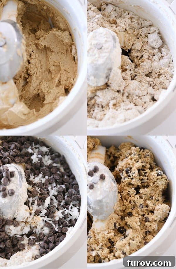 The Ultimate Soft and Chewy Oatmeal Chocolate Chip Coconut Cookies 5 Collage of cookie dough being made with dry ingredients and chocolate chips added in.