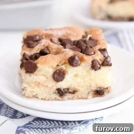 square slice of chocolate chip cake on white plate with a spoonful of hot fudge and ice cream