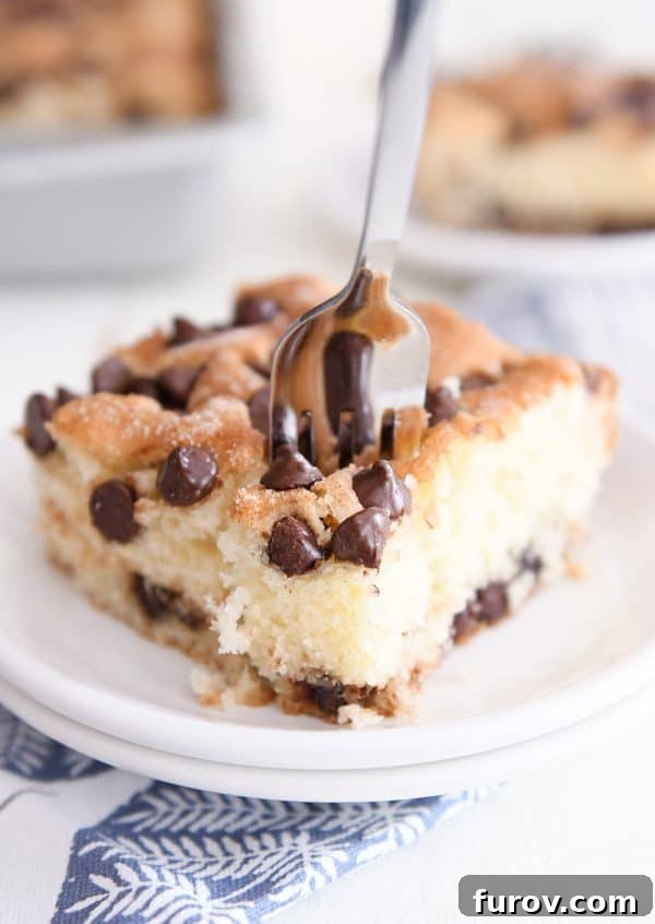 A fork poised to take a bite from a delicious slice of chocolate chip cake on a white plate, highlighting its moist interior.