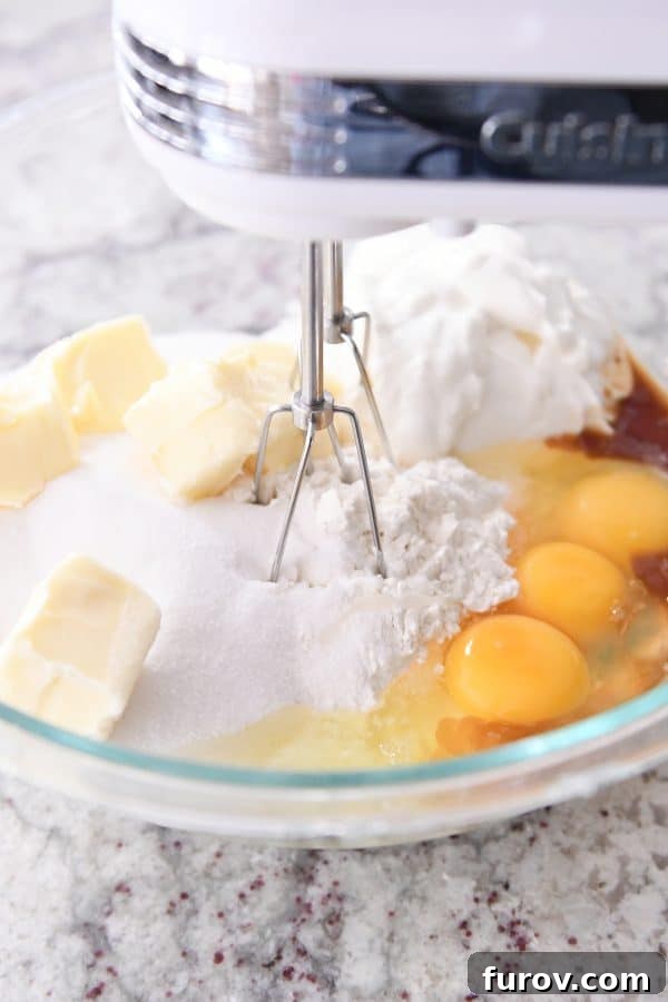 An electric handheld mixer blending all the ingredients for the chocolate chip cake batter in a single large bowl.