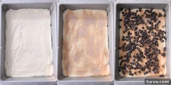 A step-by-step image showing how to layer cake batter, a sprinkle of cinnamon and sugar, and a generous amount of chocolate chips in a baking pan.