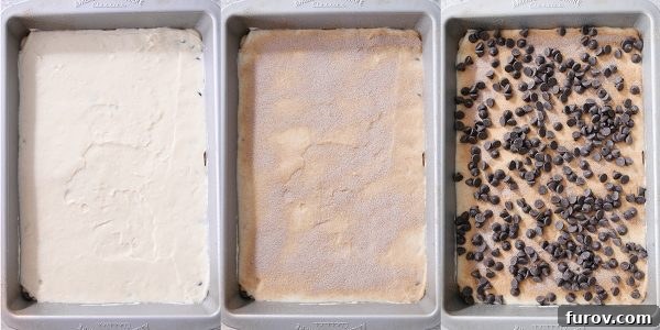 The final layer being added to the cake: batter, followed by cinnamon and sugar, and then more chocolate chips, creating a beautiful pattern.