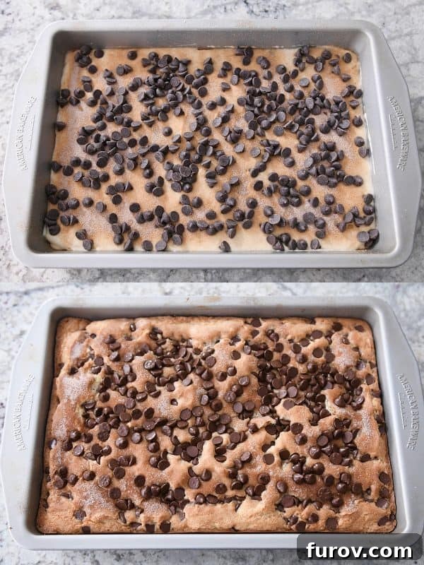 Two 9x13-inch pans side-by-side: one with layered, unbaked chocolate chip cake batter, and the other with a perfectly golden-brown, freshly baked cake.