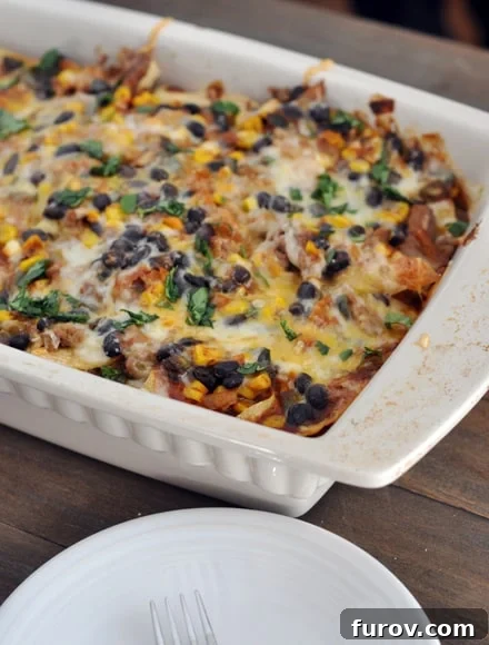 A white casserole dish brimming with hot, bubbly, and cheesy Tex-Mex enchilada casserole, fresh from the oven.