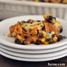 A top-down view of the Tex-Mex Enchilada Casserole, garnished with cilantro, ready to be served.