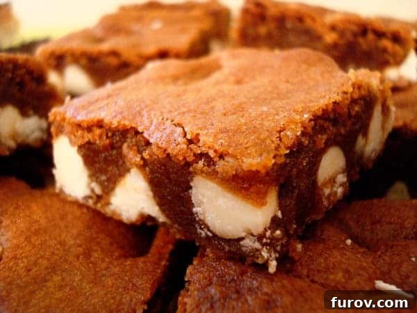 Close-up of baked chocolate gingerbread squares with visible white chocolate chunks and a soft, golden crumb texture.
