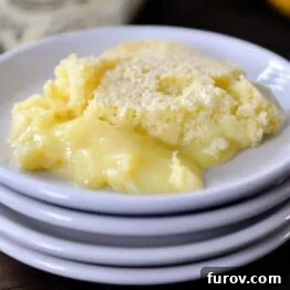 A beautifully presented lemon pudding cake, ready for serving.