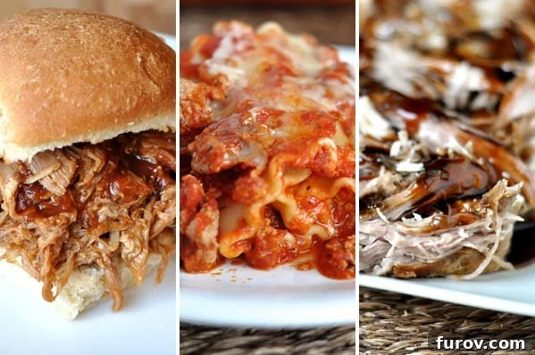 Three Delicious Menus for Crowd-Pleasing Gatherings 2 three side-by-side pictures of a beef sandwich, helping of lasagna, and shredded beef