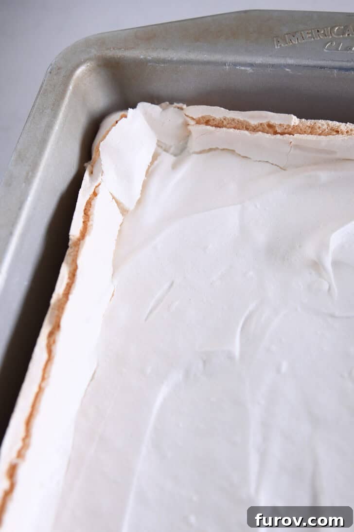Top down view of a fully baked meringue dessert in a metal pan, showing a slightly sunken center and minor cracked edges, which are characteristic of meringue.