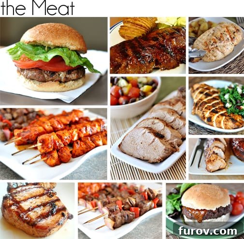 A collage of various grilled meat dishes including burgers, chicken, pork chops, and steak kebabs for a BBQ menu inspiration.