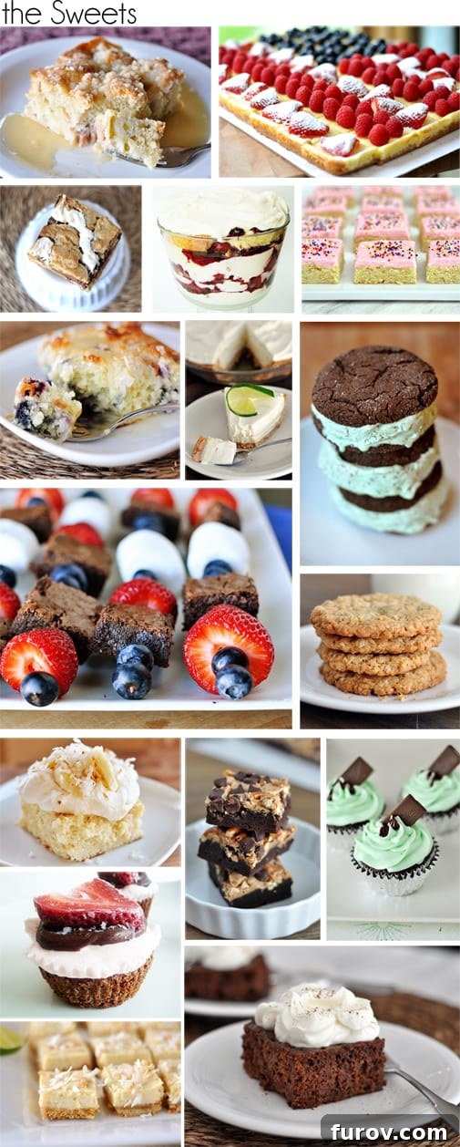 A collage of various desserts including cakes, cookies, bars, and ice cream treats for a summer party.