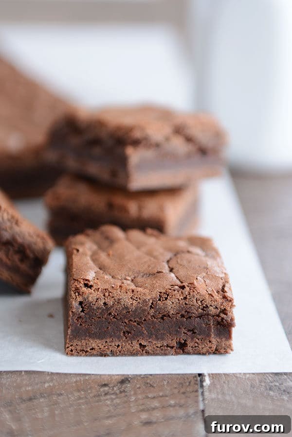 Perfectly cut fudgy chocolate brownies arranged on a sheet of parchment paper, showcasing their dense, chewy texture.
