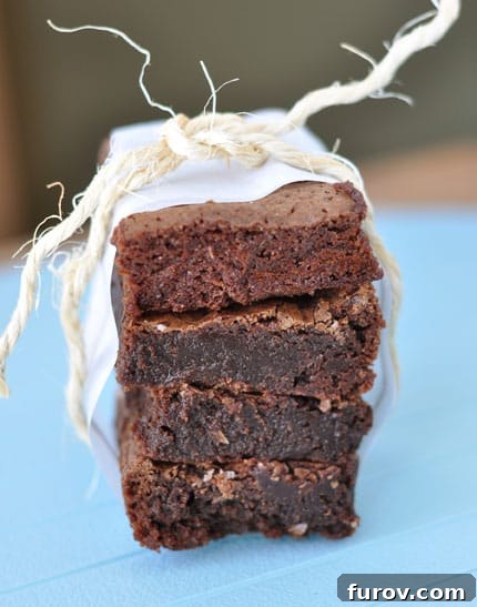 A charming stack of four fudgy chocolate brownies, beautifully tied with rustic twine, perfect for gifting.