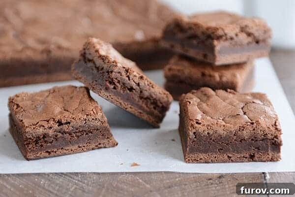 Five delectable fudgy brownies neatly cut and arranged in front of a larger slab of brownies, highlighting their rich color and texture.