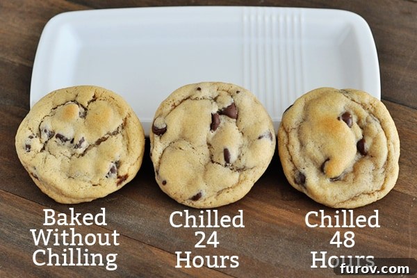 The Cookie Dough Chill Factor 3 three chocolate chip cookies in a line with text of different chilling times under each cookie