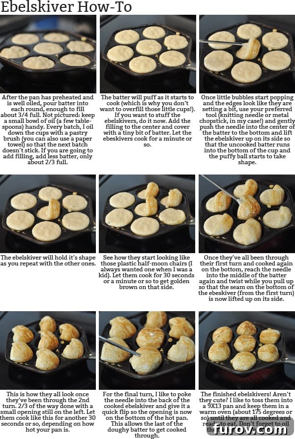 Step-by-step collage of pictures and text of how to make ebelskivers. Follow these easy steps to create your own fluffy Danish pancakes!