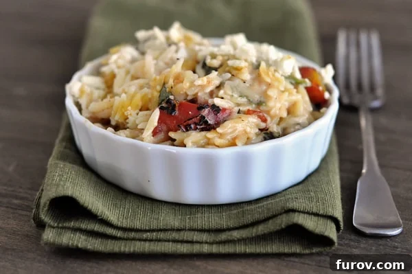 A small white ramekin filled with cooked cheesy orzo and fire-roasted tomatoes, highlighting the vibrant ingredients.