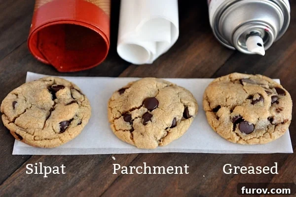 three chocolate chip cookies lined up with the words silpat, parchment, and greased underneath