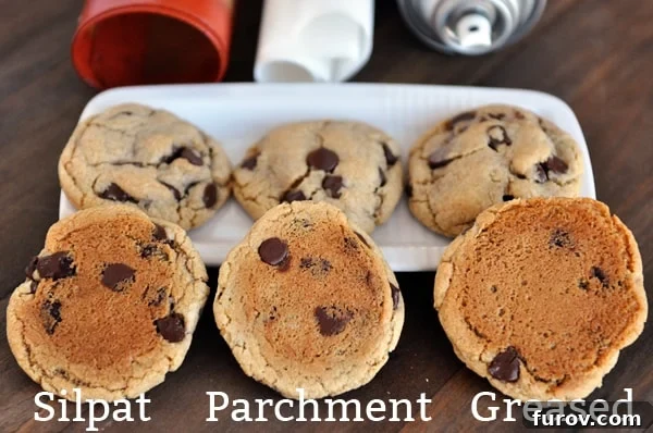 three bottom-up chocolate chip cookies lined up with the words silpat, parchment, and greased underneath and more cookies behind them