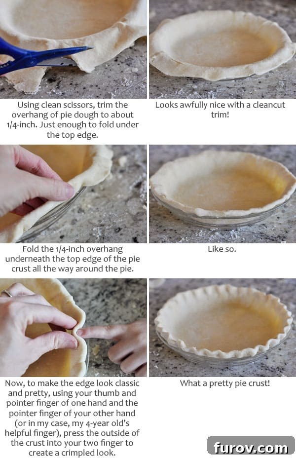Pictures and text illustrating the process of how to trim and crimp a pie crust edge for a professional finish.