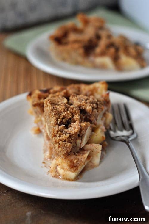 Spiced Orchard Apple Crumble 2 Two generous slices of golden apple crumb pie on pristine white plates, highlighting the crumbly topping and rich apple filling.