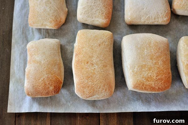 Mastering Chewy Italian Rolls 5 Top-down view of golden brown cooked italian rolls on a sheet of parchment paper.