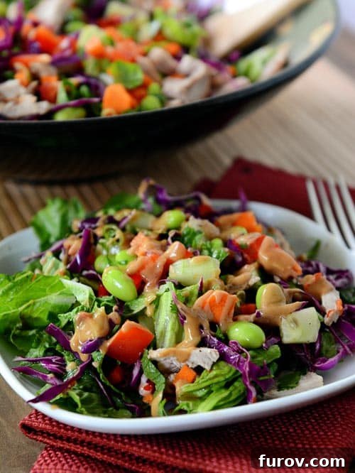 Ultimate Thai Crunch: Sweet Heat Salad 2 A white plate with a crunchy colorful chopped Thai salad in front of a big bowl of more salad.