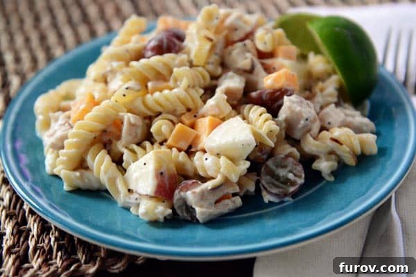 Velvet Honey-Lime Chicken Salad 3 Close-up of creamy pasta chicken salad on a blue plate, featuring visible cubes of apple, halved grapes, and cheddar cheese.