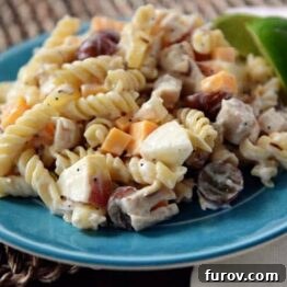 Blue bowl with a serving of Epicurean Chicken Salad, showing pasta, chicken, grapes, apples, and a rich creamy dressing.