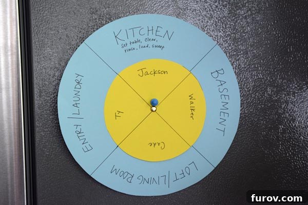 Saturday Survival: Mastering Summer Break 5 A colorful, handwritten family chore chart is visibly displayed on a kitchen refrigerator, illustrating an organized system for household tasks and responsibilities.