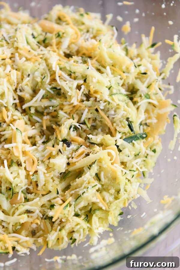 A large glass bowl filled with a mixture of finely shredded zucchini and grated cheese, ready to be combined for the cheesy zucchini bites.