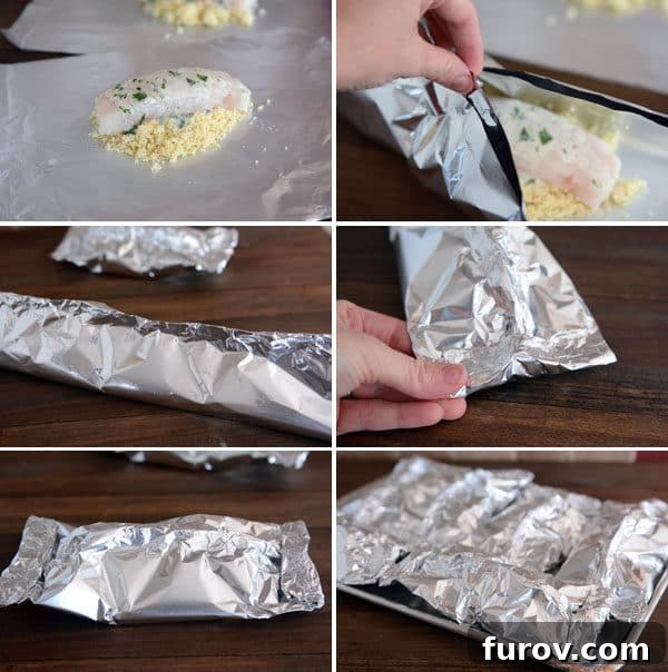 Make-Ahead Thai Fish and Creamy Couscous Packets 3 Collage of step-by-step pictures illustrating how to easily assemble a healthy and flavorful fish and couscous tinfoil packet, from laying the foil to crimping the perfect seal for baking a gourmet make-ahead dinner.