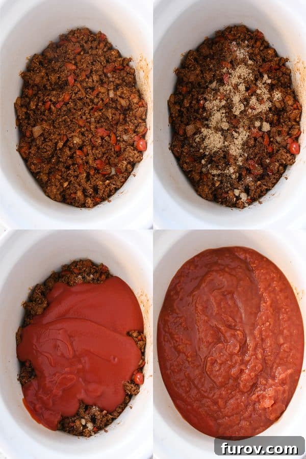 Slow-Simmered Comfort Chili 4 Assembling slow cooker chili in white slow cooker.