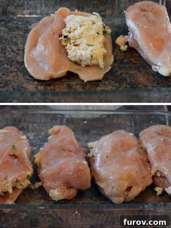 Two pictures showcasing raw chicken breasts, one butterflied open and the other filled with cheese stuffing and folded, demonstrating the stuffing technique.