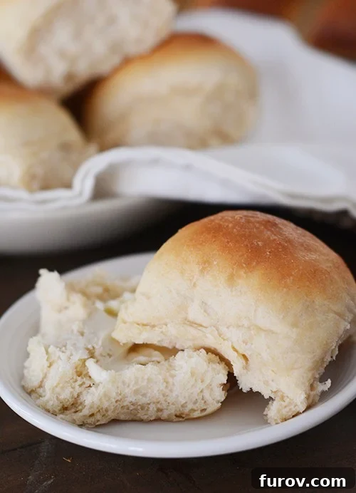 The Ultimate Cloud-Soft Buttermilk Potato Rolls 2 A perfectly baked buttermilk potato roll, split open to reveal its fluffy interior, resting on a white plate. More golden-brown rolls blur softly in the background.