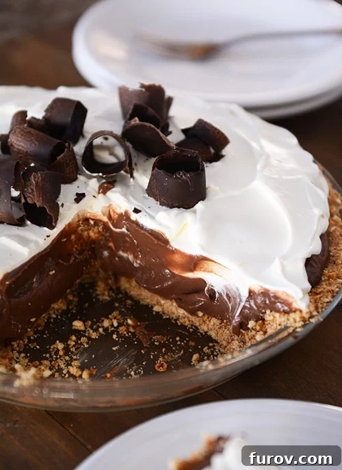 Salty Sweet Chocolate Pretzel Pie 2 A chocolate pudding pie with a slice taken out, revealing its luscious layers of pretzel crust, ganache, pudding, and creamy topping.
