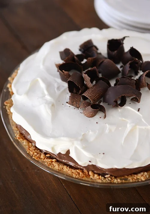 Salty Sweet Chocolate Pretzel Pie 4 A beautiful chocolate pudding pretzel pie topped with elegant whipped cream swirls and delicate chocolate curls, presented in a clear glass pie dish.