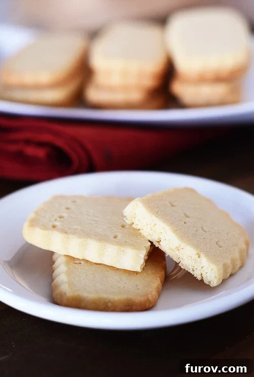 Irresistible Scottish Shortbread 2 Two golden Scottish shortbread cookies, one split in half to reveal its tender crumb, presented elegantly on a white plate, symbolizing the irresistible simplicity and deliciousness of these classic treats.