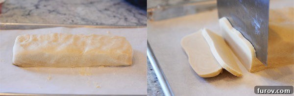 Irresistible Scottish Shortbread 5 A smooth log of uncooked shortbread dough ready for slicing, and a detailed shot of the dough being precisely cut into uniform slices with a sharp knife, illustrating the preparation process.
