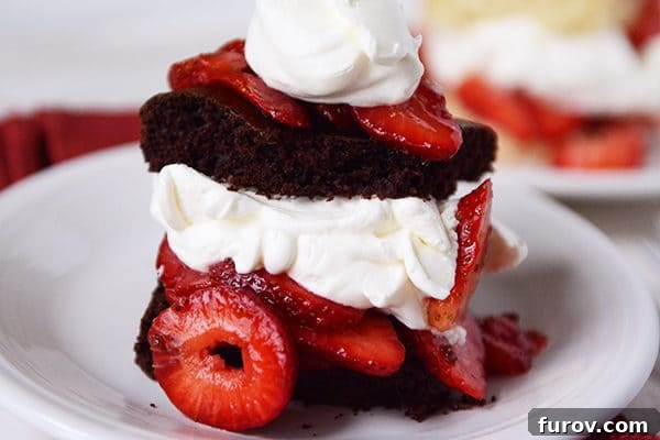 A piece of layered chocolate strawberry shortcake on a white plate, showcasing a rich chocolate base and fresh strawberries.