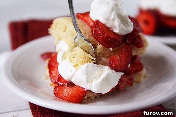 A white plate with a layered strawberry shortcake, fork inserted, showing the beautiful layers of cake, berries, and cream, inviting a bite.