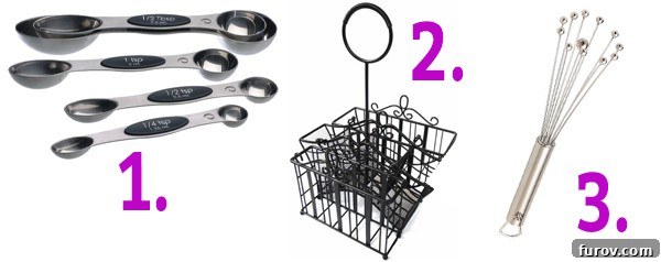 My Favorite Picks and a Small Mother's Day Gift Guide 3 A collection of favorite kitchen tools including double-sided magnetic measuring spoons, a wrought iron picnic caddy, and a ball whisk.