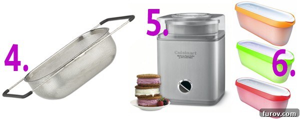 My Favorite Picks and a Small Mother's Day Gift Guide 4 Favorite kitchen tools, including an over-the-sink mesh colander, a large ice cream maker, and colorful homemade ice cream containers.