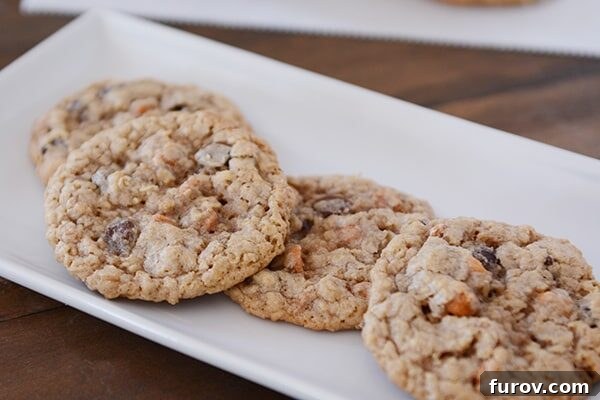 A rustic white tray laden with freshly baked oatmeal chocolate chip butterscotch cookies, invitingly arranged.