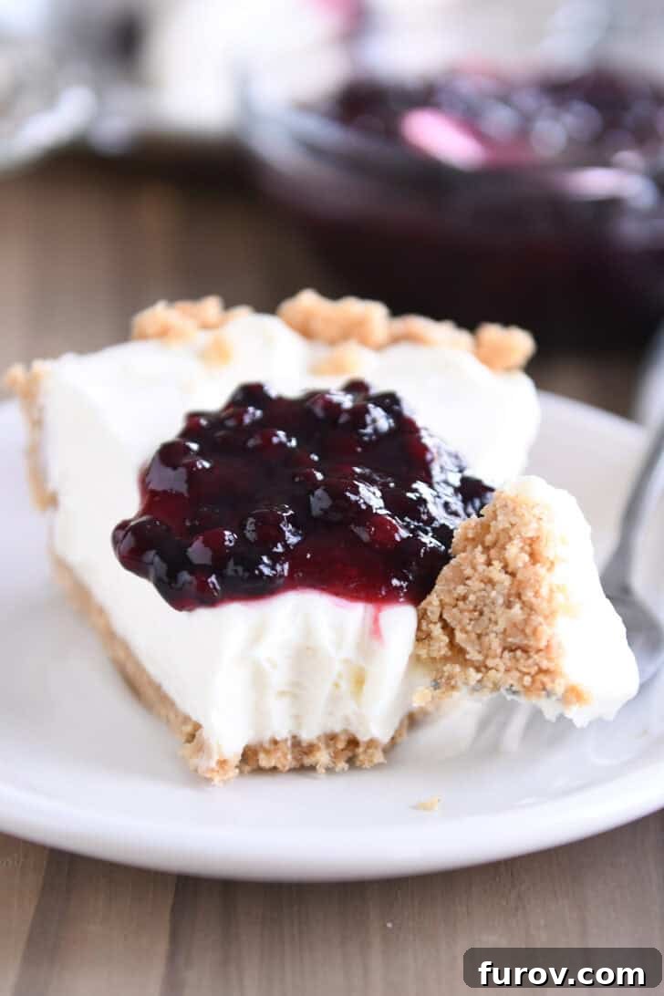 Ultimate No-Bake Cheesecake 2 A slice of cheesecake with a dollop of blueberry sauce on top, on a white plate. A fork has a bite of the cheesecake on it next to the slice.