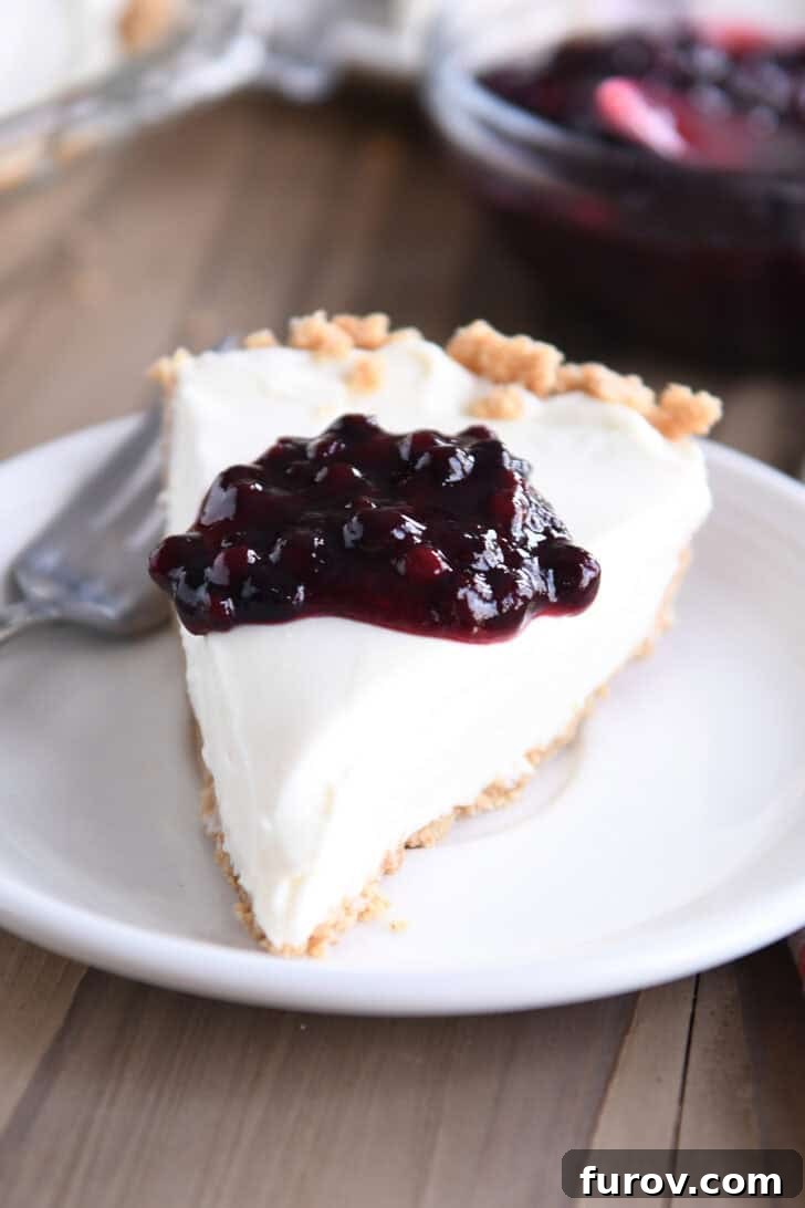 Ultimate No-Bake Cheesecake 9 A slice of cheesecake with a dollop of blueberry sauce on top, on a white plate.
