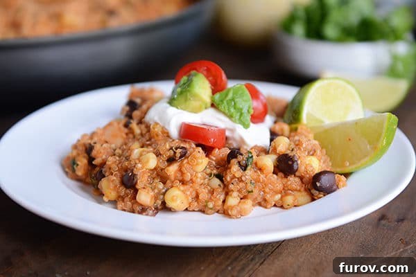 Effortless One-Pan Quinoa Enchiladas 3 A white plate showcasing a serving of a rich quinoa enchilada casserole, generously topped with fresh sour cream, creamy avocado slices, diced tomatoes, and vibrant lime wedges.